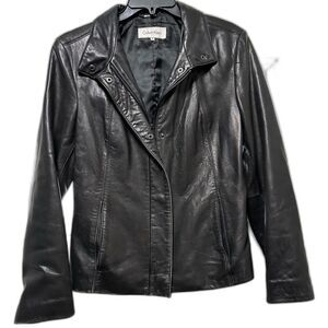 Vintage Calvin Klein Leather Coat Slim Style Black Jacket Motorcycle